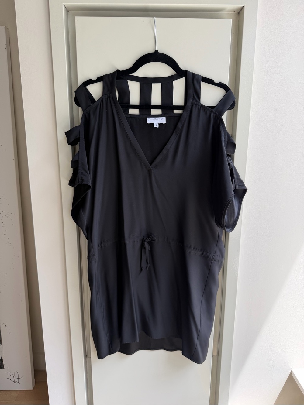 Women's Black Silk Mini Dress with Ladder-Back Detail